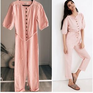 Madewell Linen-Blend Puff Sleeve Tassel Tie Jumpsuit L NWT